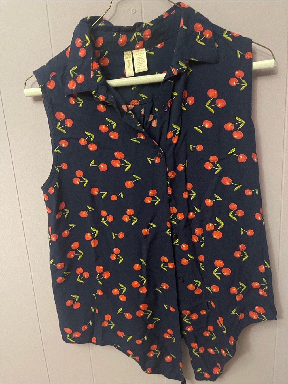 Japna Navy Cherry-Print Sleeveless Button Blouse